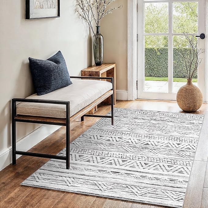 3x4 Washable Entryway Area Rug: Moroccan Small Runner Rug for Hallway Soft Modern Non Slip Door Mat with Rubber Backing Low Pile Thin Floor Carpet for Kitchen Bathroom Bedroom Indoor 3x4 Grey