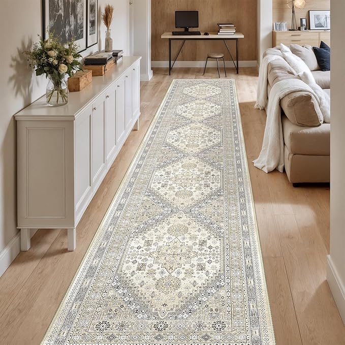 Washable Runner Rug 2.5x16, Non-Slip Long Kitchen Mats for Floor, Vintage Rug for Entryway, Soft Hallway Runner for Dining Room, Bedroom, Living Room(Beige,2.5'x16')