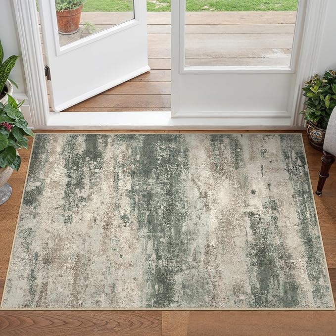 2x3 Rugs for Entryway Entrance Kitchen Bathroom, Machine Washable Modern Abstract Soft Area Rug, Indoor Floor Carpet with Non Slip Rubber Backing, Grey/Dark Green