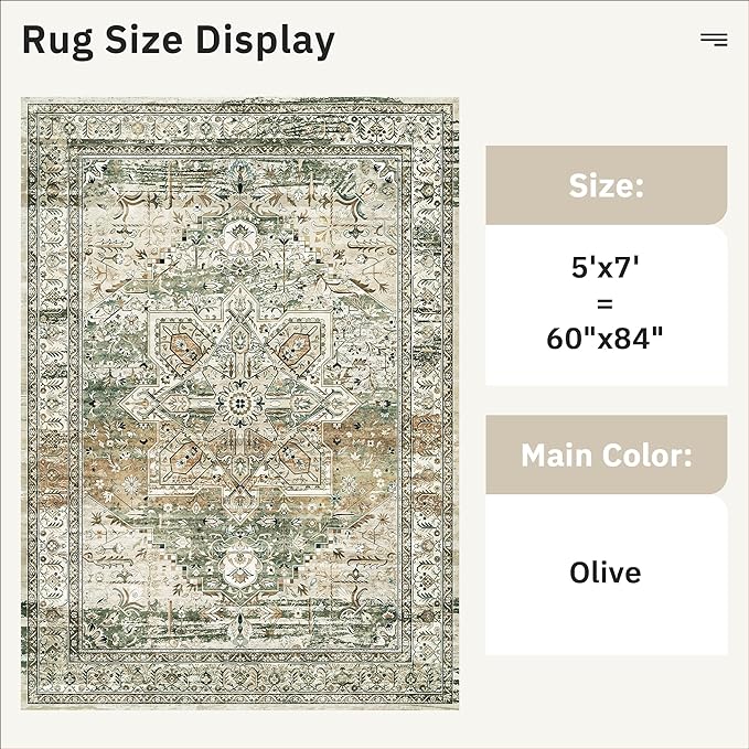 Soalmost 5x7 Area Rugs Low Pile Indoor Washable Trendy Faded Style Rugs for Bedroom Living Room Dining Room Foldable Non-Slip Thin Print Mat Green Olive Beige