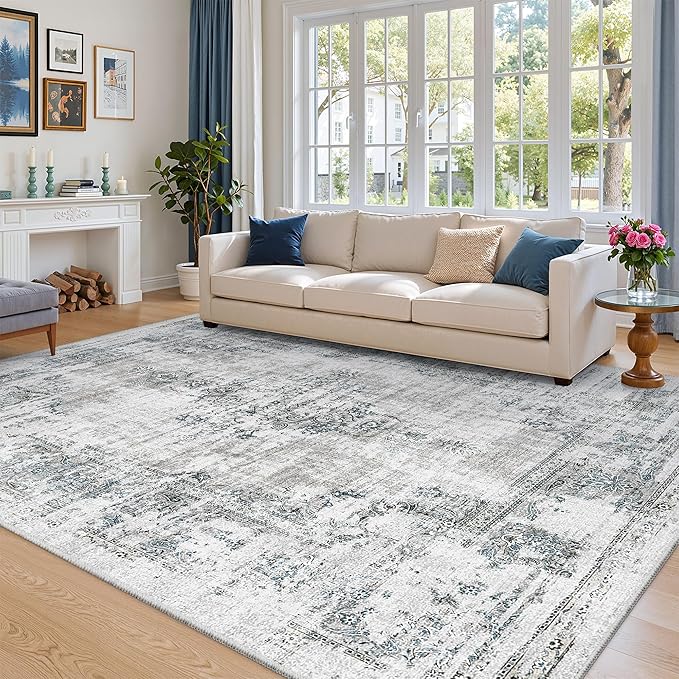 Madane 8x10 Area Rugs for Living Room, Machine Washable Vintage Rug with Non-Slip Backing, Soft Throw Large Rug, Thin Carpet for Bedroom Dining Room Farmhouse Under Table, Blue/Grey