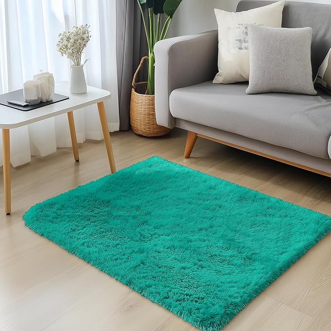 OLANLY 2x3 Machine Washable Small Bedside Rug, Soft Fluffy Shaggy Entryway Throw Rugs for Bedroom, Living Room, Indoor Floor Carpet for Kids Girls and Boys, Home Decor Aesthetic, Teal Green