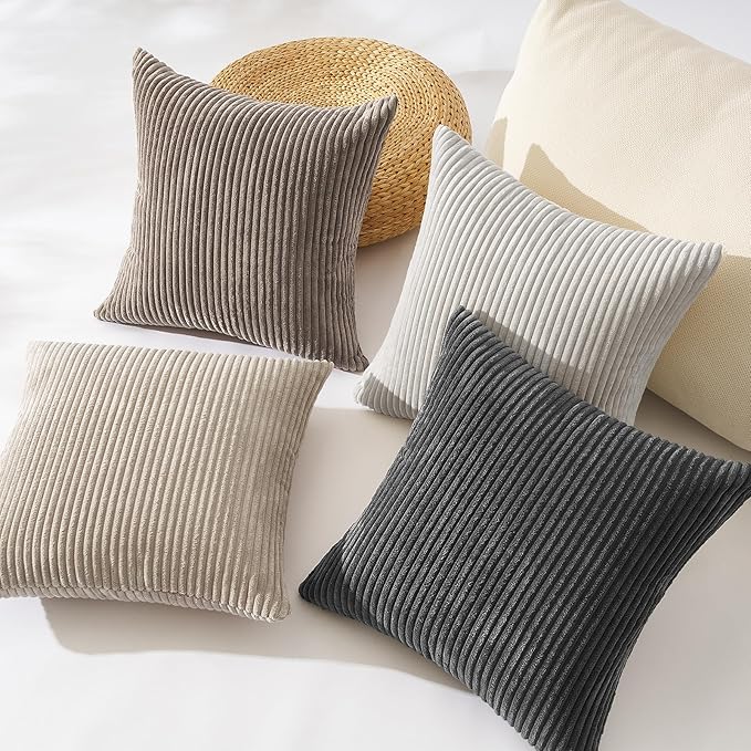 Topfinel 4 Packs Natural Decorative Throw Pillows Covers 26x26 Inch for Living Room Couch Bed Sofa, Rustic Farmhouse Boho Neutral Home Decor, Soft Plush Striped Corduroy Square Cushion Case 65x65 cm