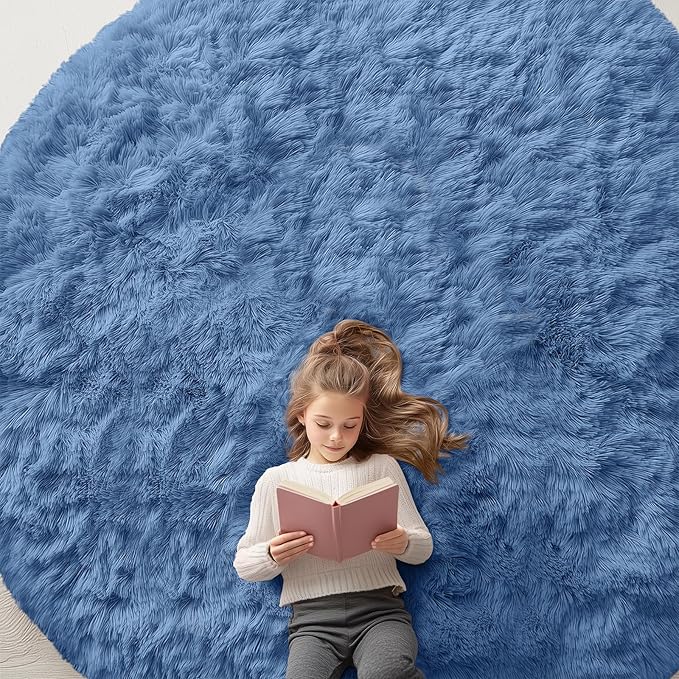 OLANLY Blue Round Rugs for Bedroom - Machine Washable, 9 ft Circle Area Rugs for Living Room, Soft and Fluffy Shaggy Carpet for Teen Girl and Boys, Nursery Rooms, Dorms, Home Decor Aesthetic
