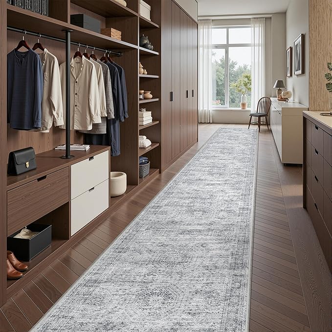 Washable Runner Rug 2.5x16, Non-Slip Long Hallway Runner for Entryway, Soft Vintage Kitchen Mats for Floor, Abstract Dining Room, Bedroom, Living Room Rugs(2.5'x16', Grey/Ivory)