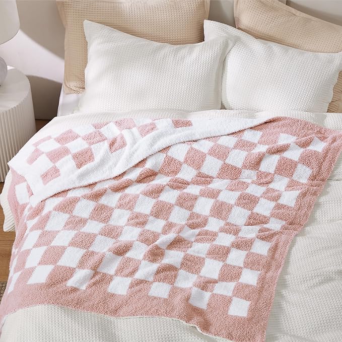 Bedsure GentleSoft Checkered Twin Blanket for Couch, Super Soft Cozy & Warm Knit Pink Throw Blanket, Breathable, Lightweight & Fluffy Plaid Blankets for Bed, Sofa, Gifts for Women Grils, 60x80 Inches