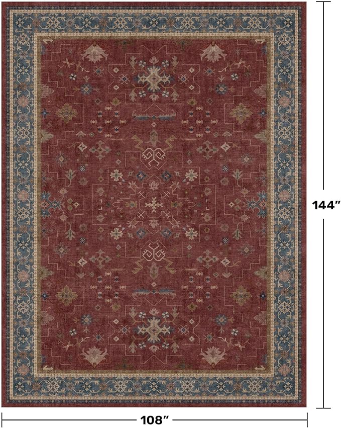 Hazo Haus Oriental 9x12 Soft Rugs for Living Room - Dark Red Rugs for Bedroom Aesthetic, Dining Room Under Kitchen Table, Washable Soft Non Slip Large Area Vintage Décor