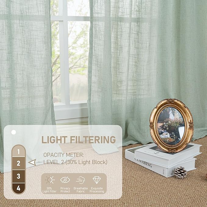 LAMIT Faux Linen Curtains 63 inches Long for Bedroom, Back Tab and Rod Pocket Linen Drapes Light Filtering Semi Sheer Curtains for Small Window/Farmhouse, 2 Panels (52 x 63 Inch, Light Sage)