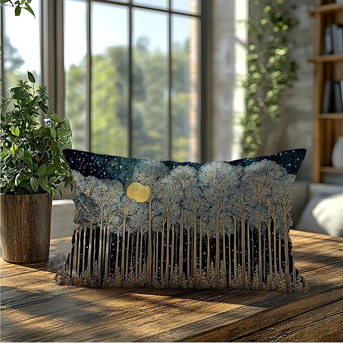 Rustic William Morris Inspired Forest Green Moon Pillow Covers 12x20 Double-Sided,Vintage Night Moon Botanical Nature Landscape Decorative Throw Pillow Covers for Home Bedroom Living Room