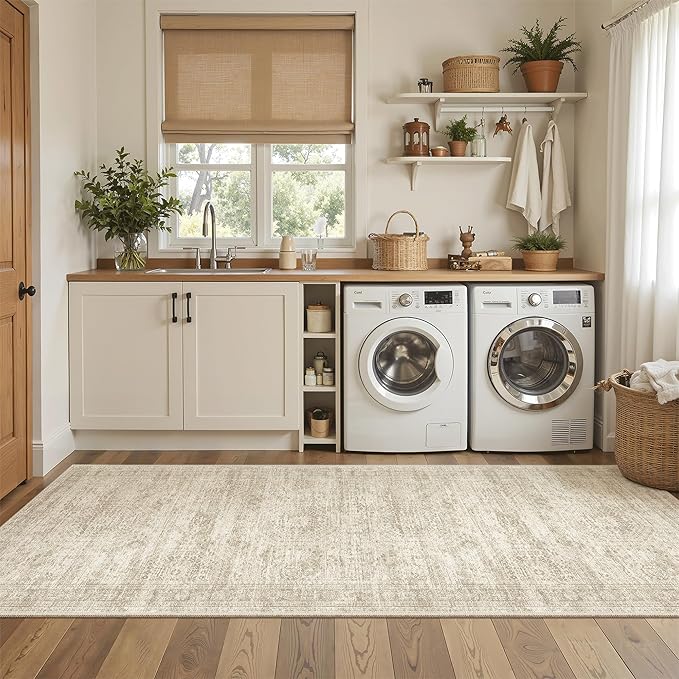 Runner Rug 3x8 Washable Non-Slip Hallway Runner Rugs for Kitchen Bathroom Laundry Room Beige Vintage Floor Carpet Runners for Hallways Entryway
