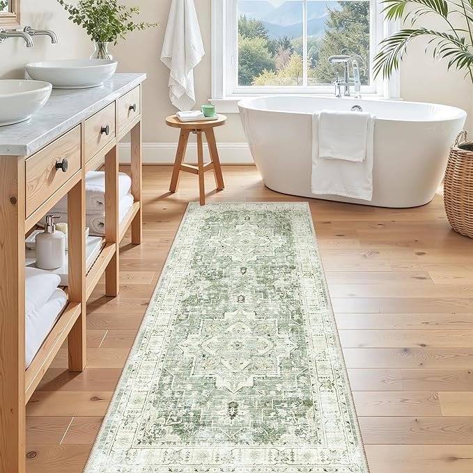Madane Washable Runner Rug - 2x6 Rug Runners for Hallways 6 Foot Non Slip Vintage Kitchen Runner Rug Ultra-Thin Bathroom Runner Rugs Carpet Laundry Room Bedroom (2x6ft, Green/Ivory)