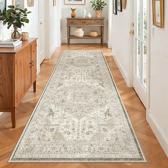 Madane Hallway Runner 3x8, Kitchen Rugs Washable Entryway Rug Vintage Kitchen Runners Non Slip Indoor Area Rug Farmhouse Carpet Runner for Bathroom Living Room Bedroom (3 X 8, Ivory/Brown)