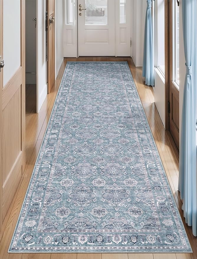 SERISSA Boho Washable Runner Rug, 2'6"x10' Long Non-Slip Vintage Floral Hallway Kitchen Stair Runner Rug Ultra Soft Print Distressed Blue Grey Floor Carpet for Bathroom Laundry Room