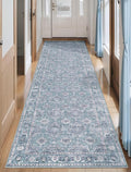 SERISSA Boho Washable Runner Rug, 2'6"x10' Long Non-Slip Vintage Floral Hallway Kitchen Stair Runner Rug Ultra Soft Print Distressed Blue Grey Floor Carpet for Bathroom Laundry Room