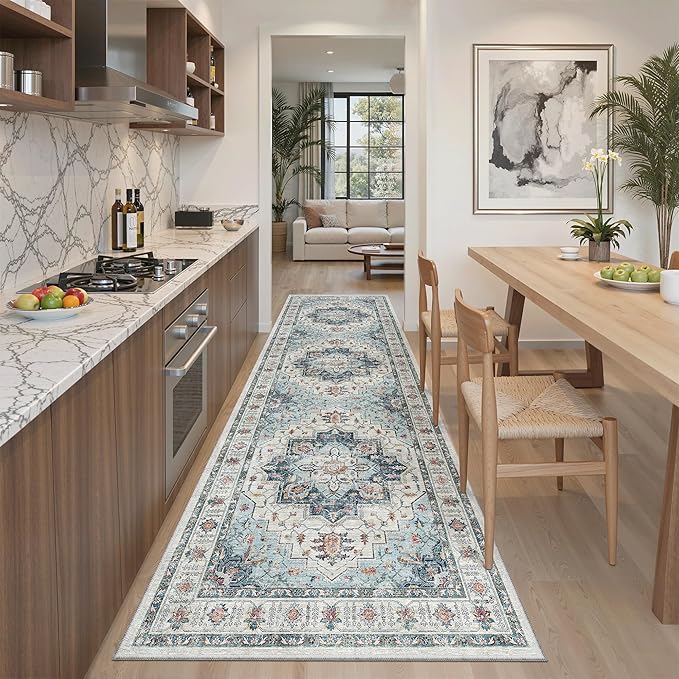 Madane Runner Rug 2'6''x8' Kitchen Runner, Hallway Runner Vintage Washable Rugs Soft Non-Slip Low Pile 2.5x8 ft Runners for Hallways Laundry Room Distressed Rug, Blue