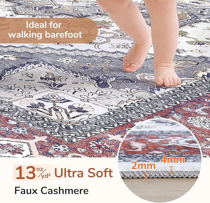 OPPODREAM Soft Throw Rugs 2x3, Small Washable Entryway Rugs 2 x 3 with Non Slip Backing, Low-Pile Faux Cashmere 2 x 3 Carpet, Red & Grey