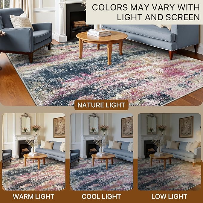 Area Rugs 8x10 for Living Room Bedroom, Modern Abstract Machine Washable Rug, Large Soft Low Pile Floor Carpet with Non Slip Backing for Dining Room, Navy/Pink