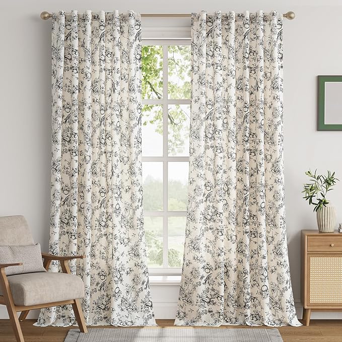 jinchan Linen Floral Curtains for Living Room 96 Inch Length Black Printed Flower Light Filtering French Country Curtain Farmhouse Cottage Core Toile Curtains Back Tab Window Drapes Set 2 Panels