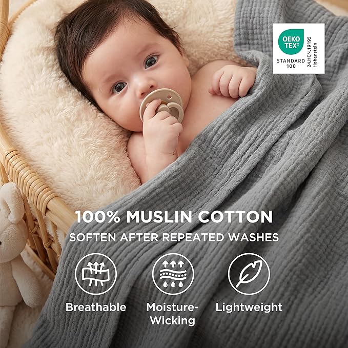 Bedsure 100% Cotton Muslin Throw Blanket Twin XL for Bed - 4-Layer Breathable and Lightweight Thin Soft Summer Gauze Muslin Blankets for Adults, Grey, 66x90 Inches