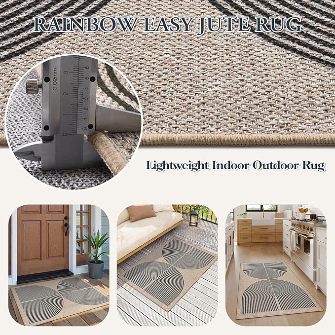 Lahome Enfys Rainbow Easy Jute Rug, 32"x48" Outdoor Mat Non Slip Door Mat Indoor Entrance, Farmhouse Neutral Lightweight Non Shedding Low Pile Throw Rug for Kitchen Entry Foyer