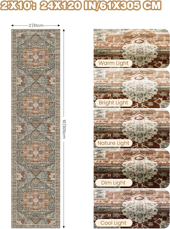 Runner Rug 2x10, Ultra-Thin Kitchen Rugs Non Slip Washable Rugs for Entryway Rug, Kitchen Runner Low Pile Vintage Soft Carpets for Living Room, Bathroom Bedroom (Grey/Brown/Tan,2'x10')