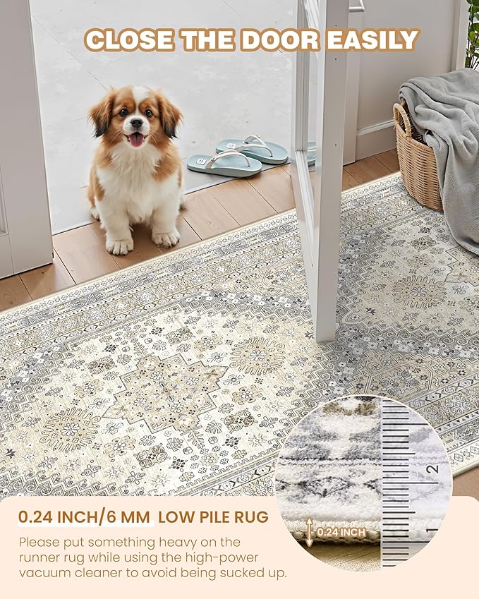 Runner Rug 2x6, Ultra-Thin Entryway Rug Non Slip Washable Rugs for Laundry Room, Runners for Hallways, Vintage Soft Rugs for Living Room, Kitchen, Bedroom(Beige,2'x6')