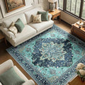 RELEANY Area Rugs Square 6ft Washable Non-Slip, Floral Vintage Distress Print Pattern Medallion Carpet for Living Room Bedroom Dining Room, Teal Green Lake Blue Turquoise