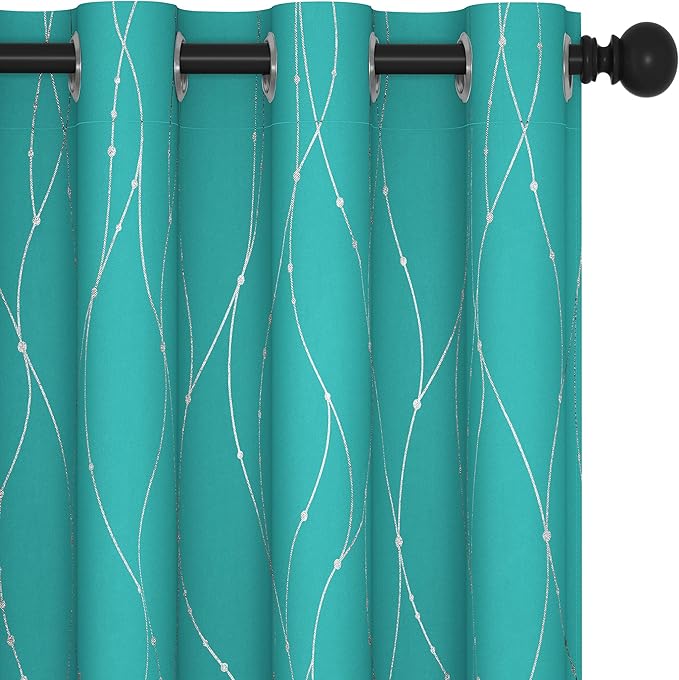Deconovo Blackout Curtains for Living Room, Thermal Insulated Soundproof Drapes with Wave Dot Foil Print, 52 x 95 Inch, Set of 2, Machine Washable Window Curtain for Bedroom Sliding Door, Turquoise