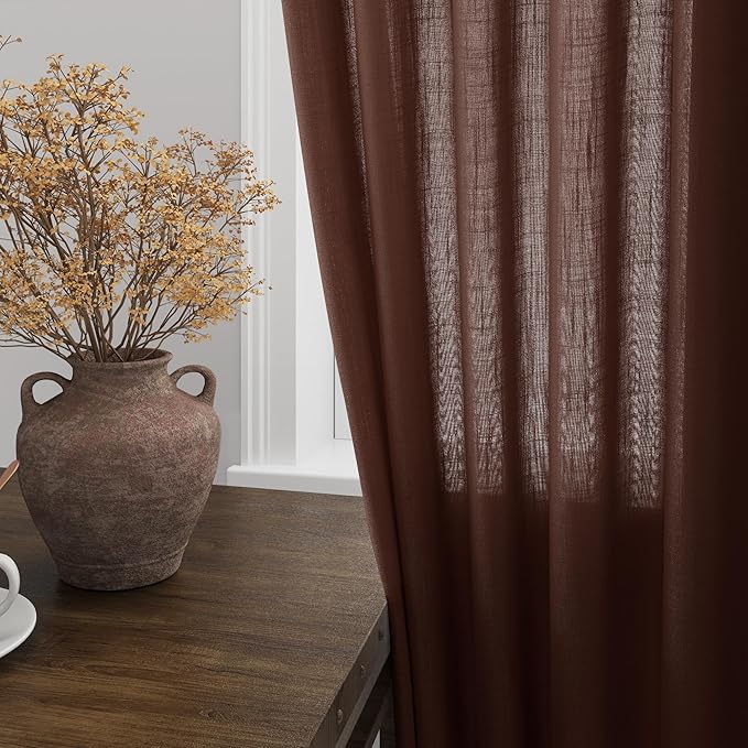 Nanspring Rustic Brown Linen Curtains Semi Sheer 96 Inches Long 2 Panels Set for Living Room Back Tab Rod Pocket Light Filtering Drape for Bedroom Modern Farmhouse Coastal Decor Protect Privacy 52x96