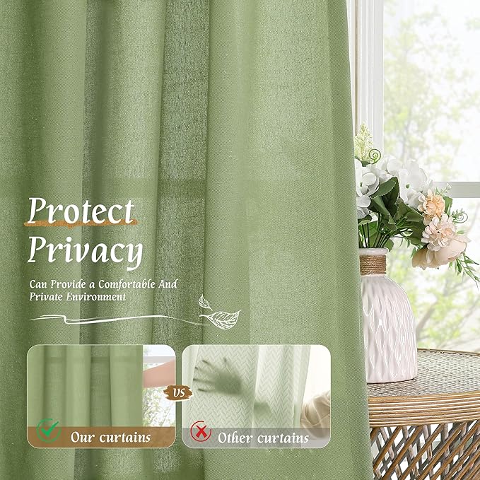 LAMIT Sage Green Linen Curtains 72 inches Long for Living Room, Soft Thick Semi Sheer Light Filtering Rod Pocket Privacy Window Treatments Drapes for Bedroom, 2 Panels Set, 52 x 72 Inch