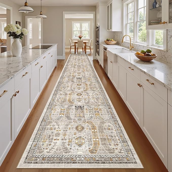 Madane Hallway Runner Rug 2'6''x14' Kitchen Runner, Non Slip Vintage Runners for Hallways Washable Kitchen Rugs Soft Low Pile 2.5x14 ft Rug Runner for Laundry Room, Entryway and Bedroom, Brown/Gold