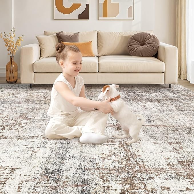 UERMEI 5x8 Area Rug Living Room Rugs - Washable Neutral Modern Abstract Soft Thin Rug Indoor Floor No Slip Rug Carpet for Bedroom Under Dining Table Home Office Decor - Brown/Grey/Red