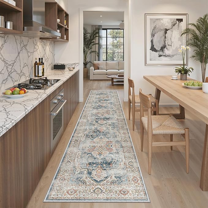 Madane Runner Rug 2x8, Washable Hallway Runner Rugs, Non-Slip Low-Pile Soft Kitchen Rug Runner Laundry Room Rug, Vintage Throw Entry Foyer Mat for Entrance Living Room (Navy, 2 x 8)