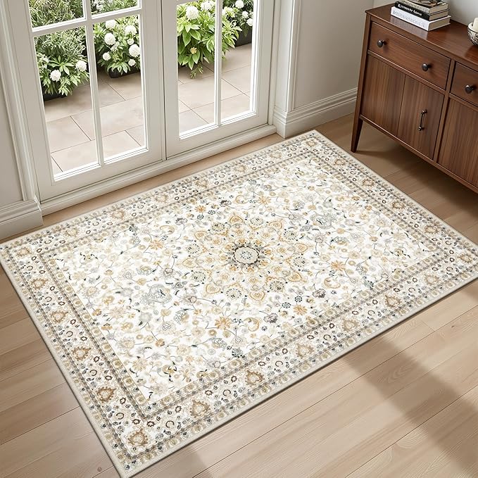 2x3 Area Rugs Living Room Rug: Washable Vintage Boho Rug No Slip Stain Resistant Soft Carpet Indoor Floor Floral Large Carpets for Bedroom Dining Room Farmhouse Nursery Hallway Home Office Beige