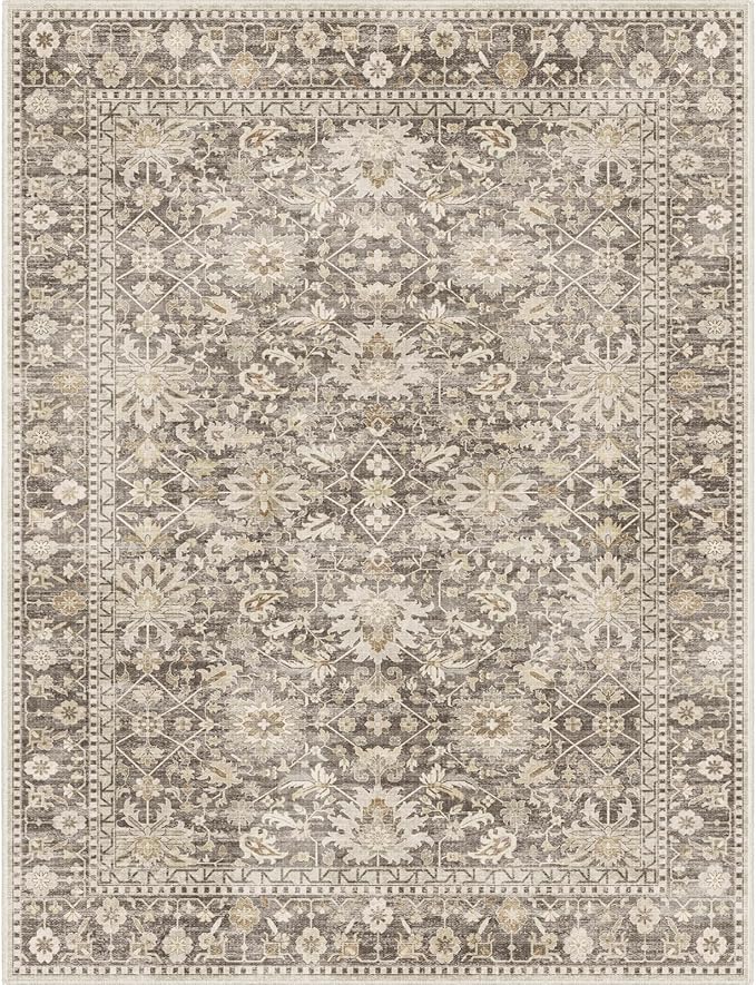 7X9 Area Rugs Machine Washable Rugs for Living Room Bedroom Hallway, Non Slip Indoor Soft Accent Distressed Boho Vintage Print Lightweight Thin Low Pile Carpet (Deep Brown/Gold, 7x9)