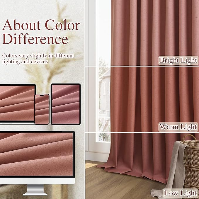 Dusty Rose 100% Blackout Linen Curtains 102 Inch Length 2 Panels Set for Girls Bedroom Back Tab Thermal Insulated Black Out Drapes Room Darkening Farmhouse Style for Bedroom Window Curtains 52x102