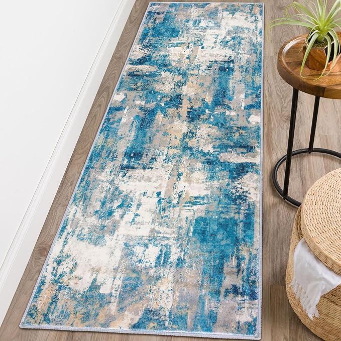 KOZYFLY Modern Abstract Runner Rug 2x6 Turquoise/Beige/Grey/Yellow Runners for Hallways Kitchen Rug Non Slip Washable Carpet Rug Runner Laundry Mat with Soft Low Pile for Entryway Bathroom Bedroom