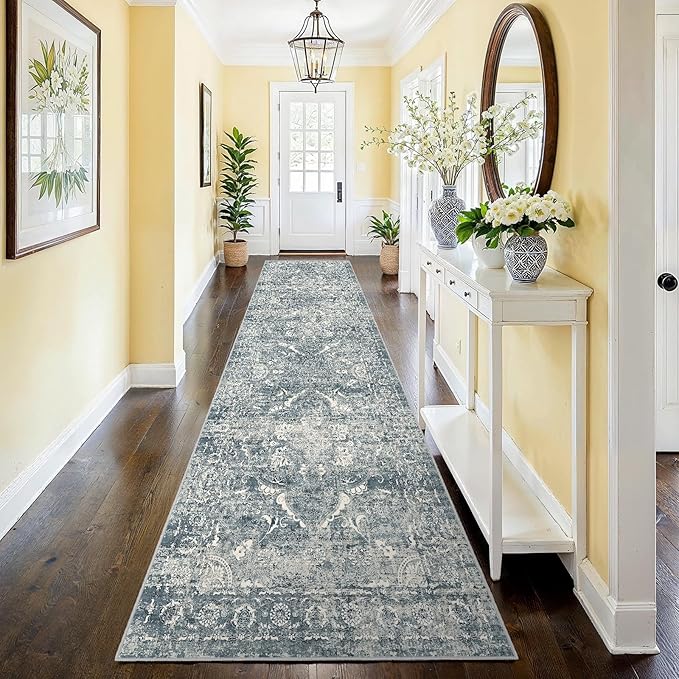 2'6"x12' Washable Hallway Runner Rug - Non Slip Kitchen Runner Rugs with Rubber Backing Vintage Low-Pile Carpet Runners for Entryway Dining Room Laundry Room Home Decor (Blue)