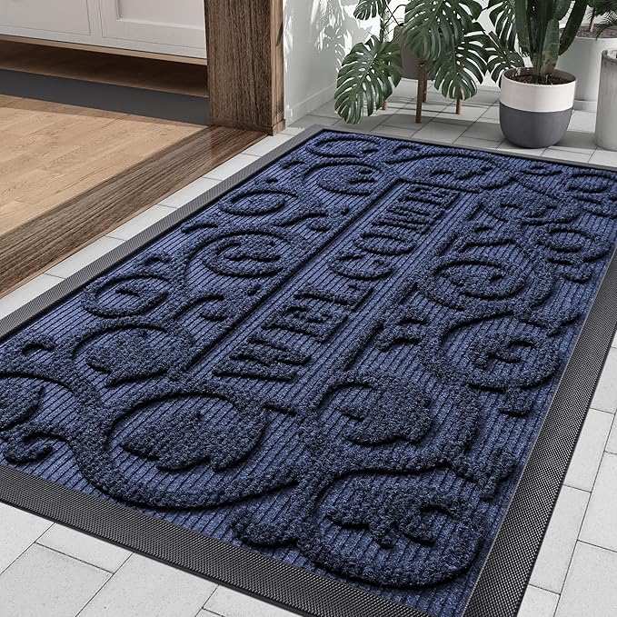 Smiry Welcome Door Mat Outside Entrance, Heavy Duty Trap Dirt and Moisture Easy Clean Low Profile Patio Porch Indoor Outdoor Front Doormat for Entry, 35x23 Inch, Navy Blue