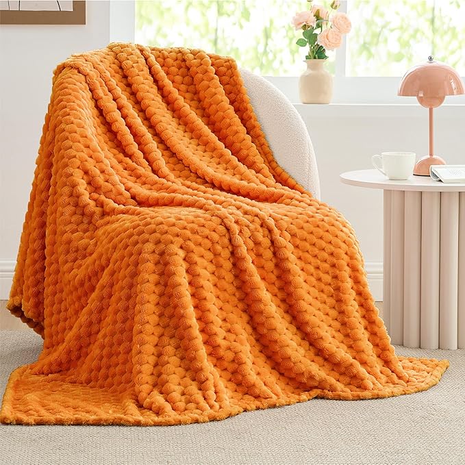 BEDELITE Fleece Blanket Twin Size for Bed Couch, 3D Jacquard Decorative Orange Fall Throw, Soft and Cozy Warm Plush Fuzzy Blanket, 60x80Inches