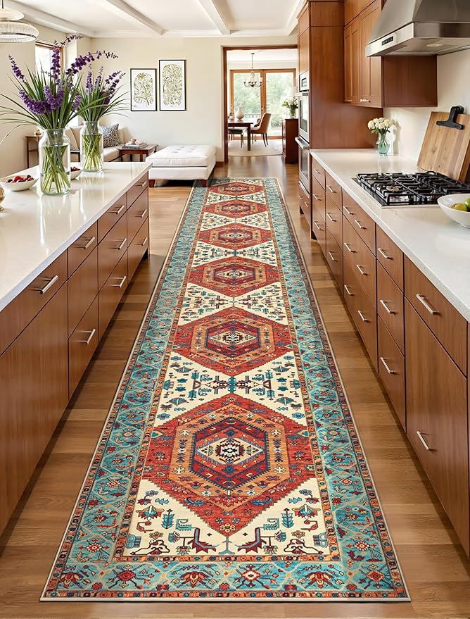SERISSA Runner Rug for Hallways, 2'6"x16' Washable Non Slip Kitchen Runner Rug, Extra Long Boho Rug Ultra Soft Vintage Orange Print Floor Carpet for Bedroom Hallway Entryway Bathroom Laundry Room