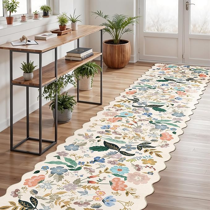 Washable Hallway 2'6x12 Runner Rug: Floral Scalloped Rug for Kitchen Entryway Farmhouse Soft Carpet for Bathroom Bedroom Thin Laudry Living Room Floor Mat with Non Slip Backing(2'6''x12',Cream)