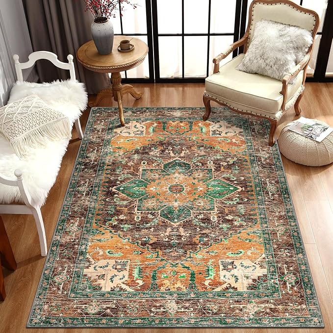 Yamaziot Washable Area Rug, 4x6 Non-Slip Boho Vintage Living Room Bedroom Rug with Rubber Backing, Low Pile Faux Wool Soft Distressed Rug Floor Carpet for Living Room, Laundry, Kids Playroom