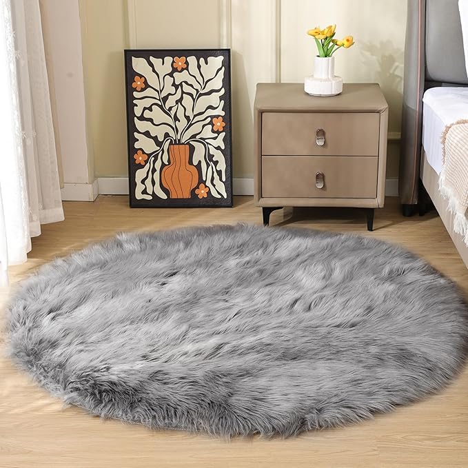 ORINOVA Silver Grey Furry Washable Faux Shaggy Fur Rugs for Living Room Small Circle Fluffy Sheepskin Fur Rug for Nursery Round Rug 5ft