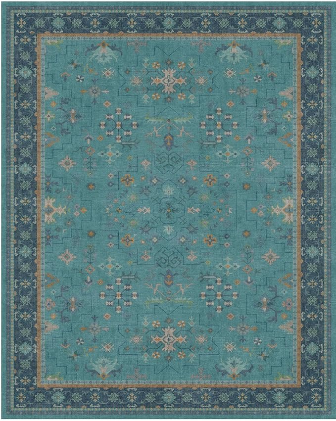 Boho 9x12 Large Teal Green Washable Living Room Rug - Vibrant Turquoise Rug for Bedroom Under Bed, Dining Room Under Table, Geometric Floral Low Pile & Soft Stain Resistant Carpet