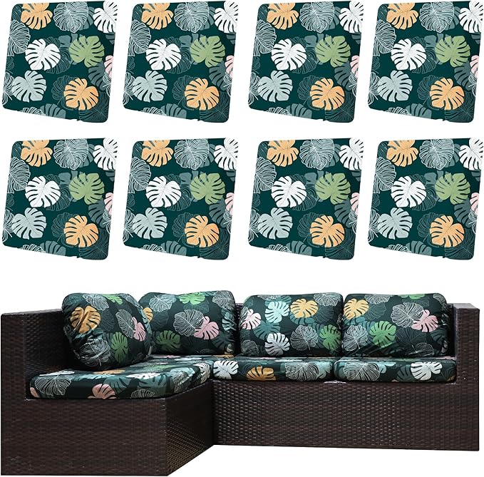 8Pcs Outdoor Cushion Covers, Patio Cushion Covers,Stretch Elastic Slipcovers, Replacement Washable & Reusable Furniture Protector for Patio Couch(Green Charm, 8PCS,Twill)