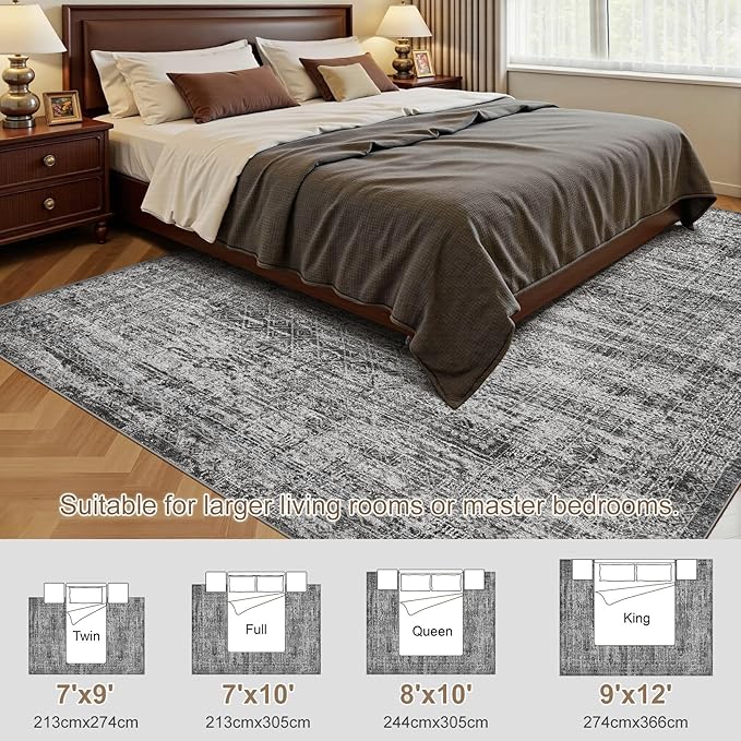 UERMEI 8x10 Area Rug Living Room Rugs - Washable Neutral Modern Abstract Soft Thin Rug Indoor Floor No Slip Rug Carpet for Bedroom Under Dining Table Home Office Decor - Dark Gray