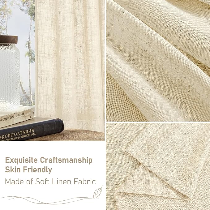 LAMIT Semi Sheer Linen Curtains 54 Inch Length 2 Panels, Beige Light Filtering Panels Back Tab and Rod Pocket Neutral Drapes for Kitchen/Window/Dining Room, 52 x 54 Inch