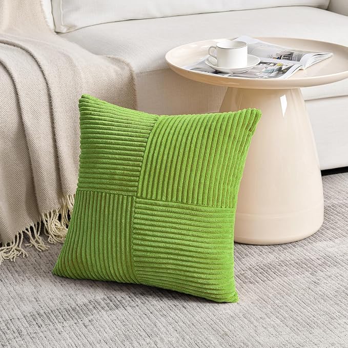 Fancy Homi Set of 2 Lime Green Big Decorative Throw Pillow Covers 24x24 Inch for Couch Bed Sofa, Modern Farmhouse Boho Home Decor, Soft Cross Corduroy Patchwork Accent Square Cushion Case 60x60 cm