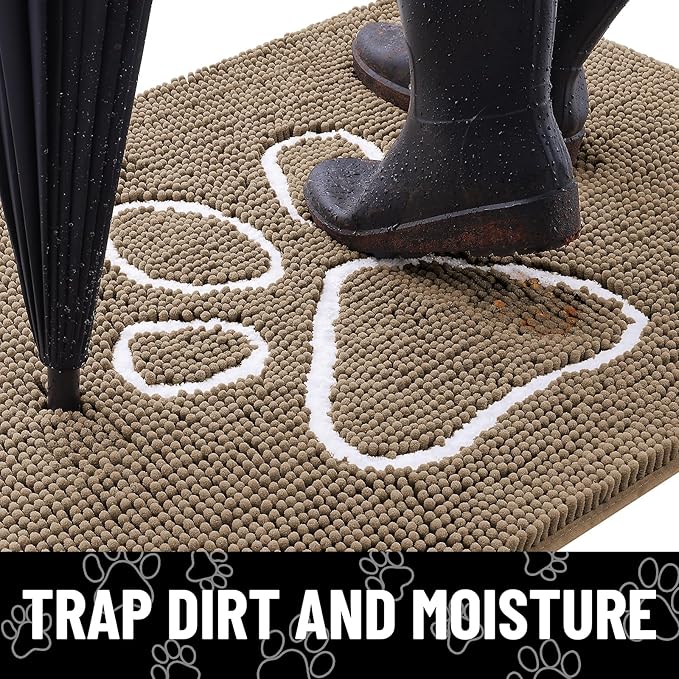Smiry Dog Door Mat for Muddy Paws, Absorbent Dirt Trapper Non Slip Quick Dry Washable Chenille Mat for Mud Dogs, Entry Rug for Indoor and Outdoor (70x24 Inches, Camel and Black)